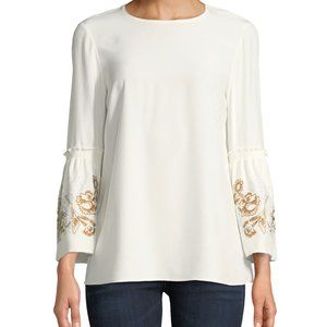 Lafayette 148 New York matte silk "Roslin" blouse with floral embroidered cuffs